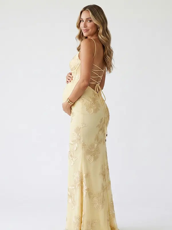 lemon yellow embroidered maternity dress mermaid lace up back floral mesh pregnancy gown