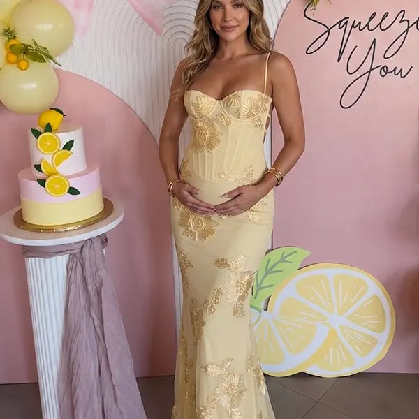 lemon yellow embroidered maternity dress mermaid lace up back floral mesh pregnancy gown