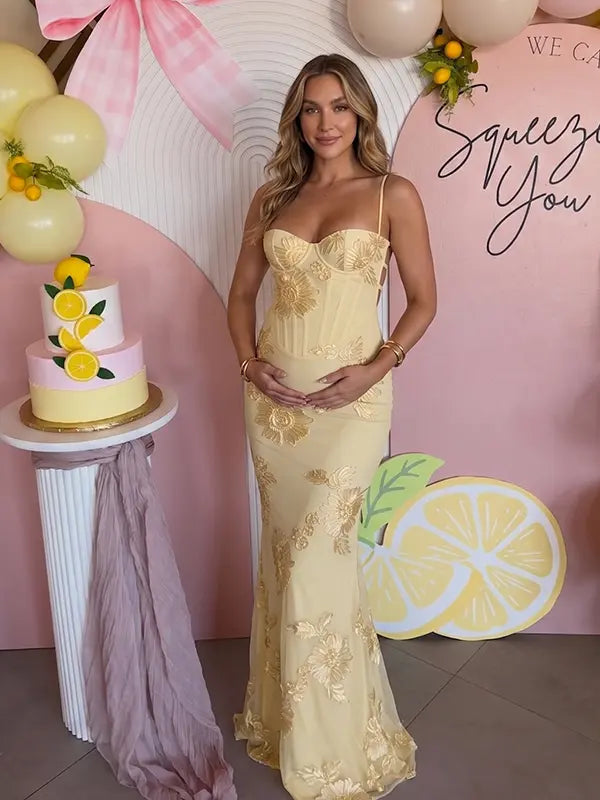 lemon yellow embroidered maternity dress mermaid lace up back floral mesh pregnancy gown