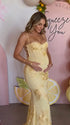 lemon yellow embroidered maternity dress mermaid lace up back floral mesh pregnancy gown