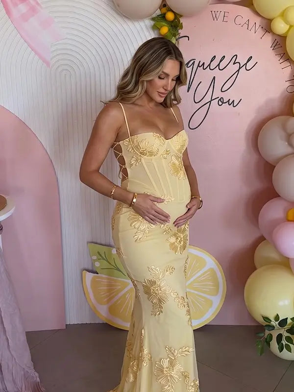 lemon yellow embroidered maternity dress mermaid lace up back floral mesh pregnancy gown
