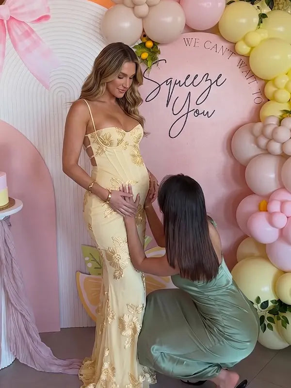 lemon yellow embroidered maternity dress mermaid lace up back floral mesh pregnancy gown