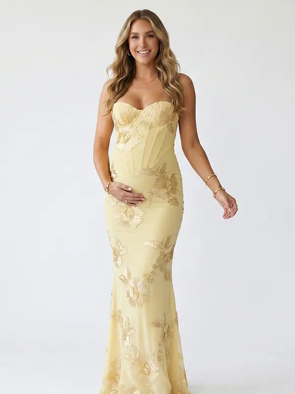 lemon yellow embroidered maternity dress mermaid lace up back floral mesh pregnancy gown