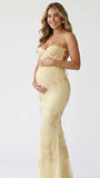 lemon yellow embroidered maternity dress mermaid lace up back floral mesh pregnancy gown