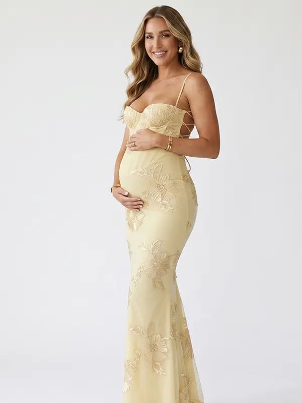 lemon yellow embroidered maternity dress mermaid lace up back floral mesh pregnancy gown