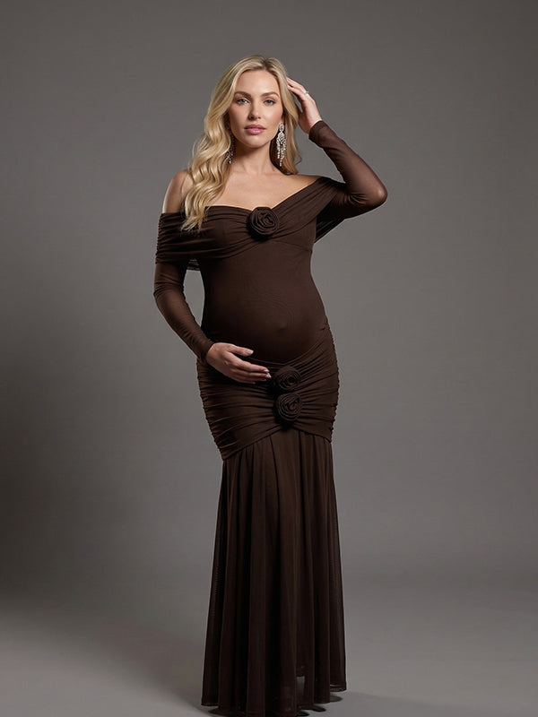 Mesh Off Shoulder 3D Rosette Ruched Mermaid Maternity Maxi Gown