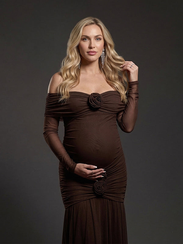 Mesh Off Shoulder 3D Rosette Ruched Mermaid Maternity Maxi Gown