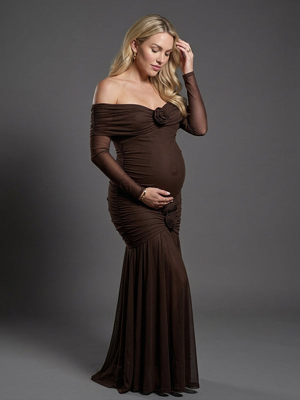 Mesh Off Shoulder 3D Rosette Ruched Mermaid Maternity Maxi Gown