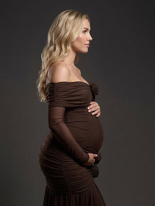 Mesh Off Shoulder 3D Rosette Ruched Mermaid Maternity Maxi Gown