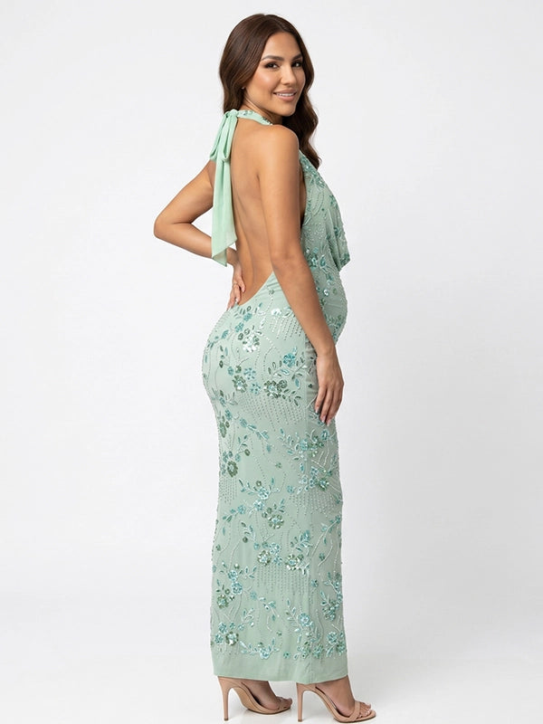 Mint Green Sequin Floral Plunging Halter Maternity Maxi Gown