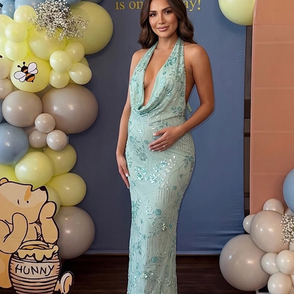 Mint Green Sequin Floral Plunging Halter Maternity Maxi Gown