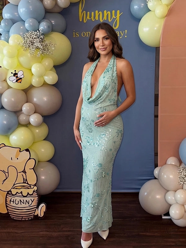Mint Green Sequin Floral Plunging Halter Maternity Maxi Gown