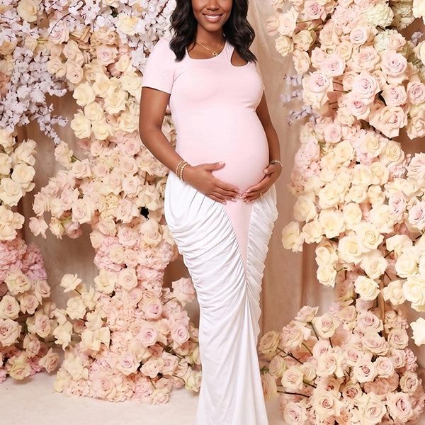 Modern Pink & White Color-Block Ruched Maternity Maxi Gown