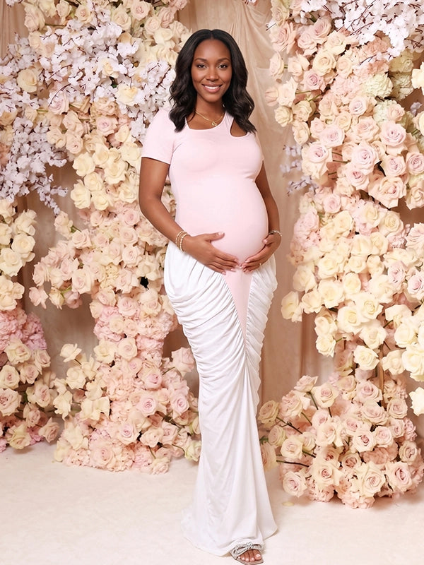 Modern Pink & White Color-Block Ruched Maternity Maxi Gown