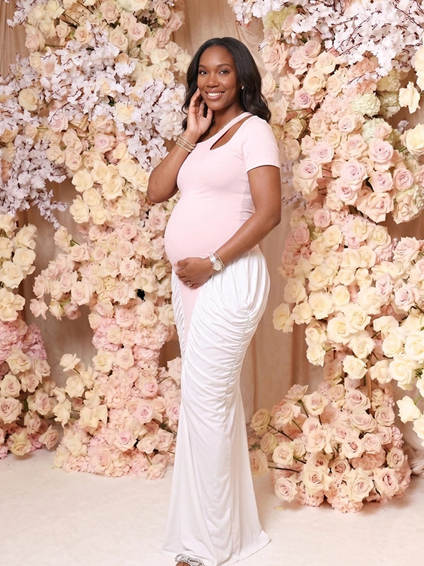Modern Pink & White Color-Block Ruched Maternity Maxi Gown