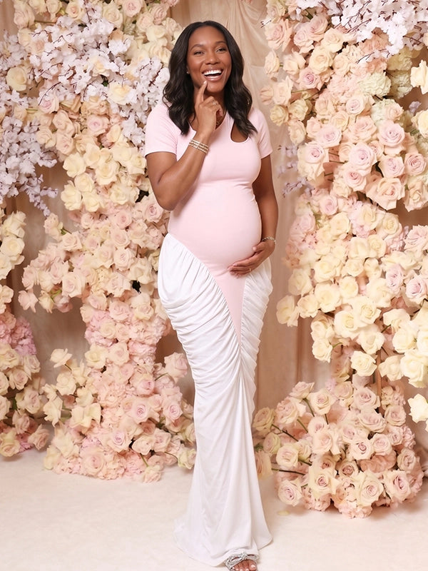 Modern Pink & White Color-Block Ruched Maternity Maxi Gown