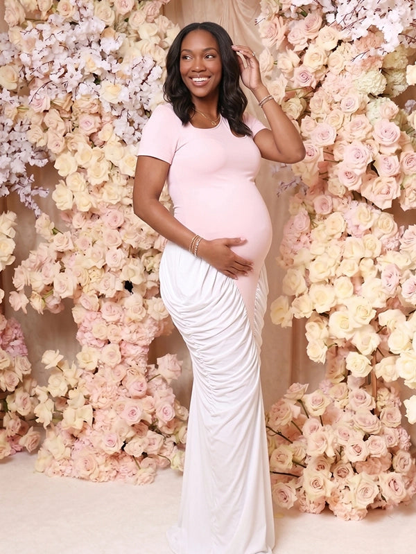 Modern Pink & White Color-Block Ruched Maternity Maxi Gown