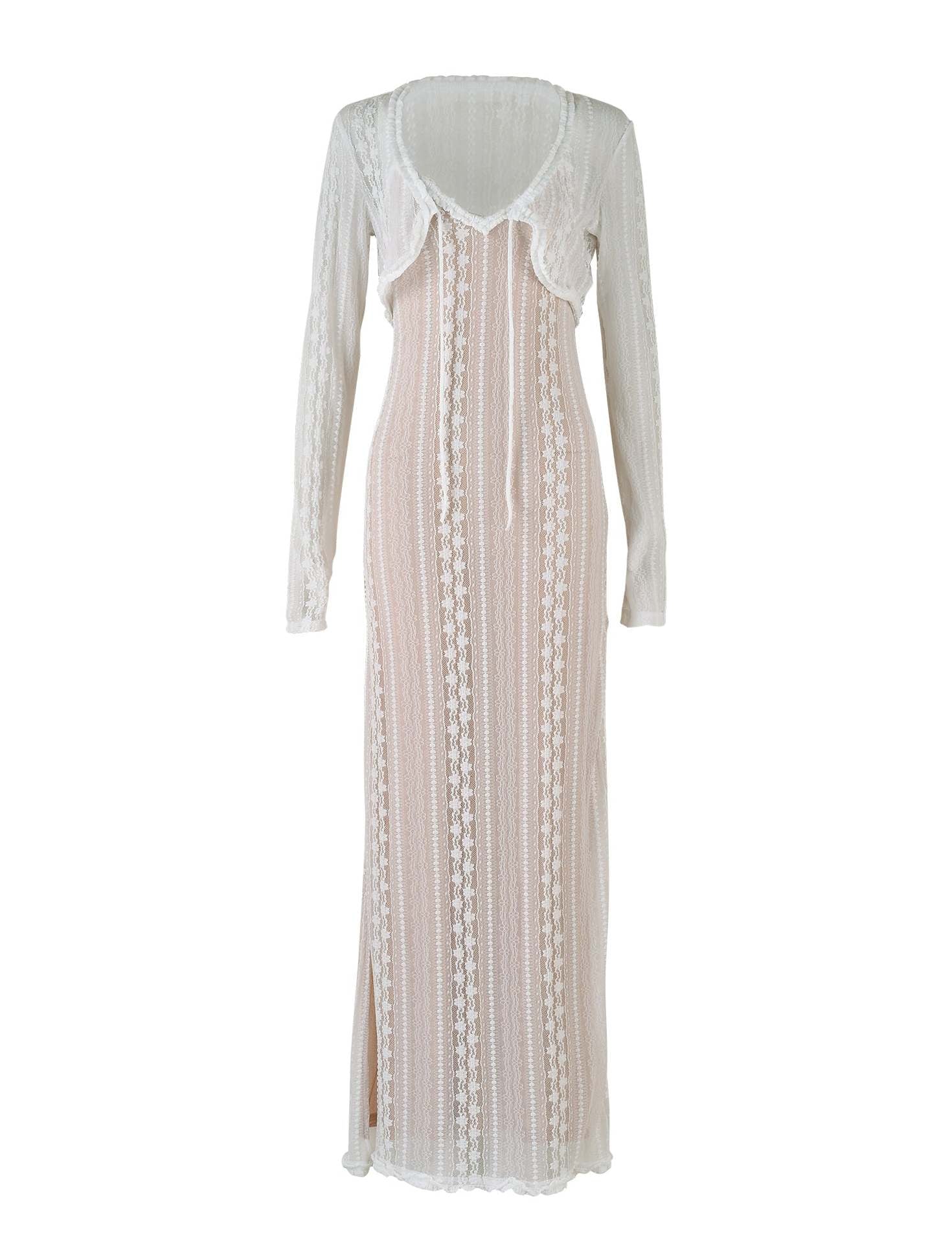 Chic-Two-Piece Lace Maternity Maxi Dress with Cardigan