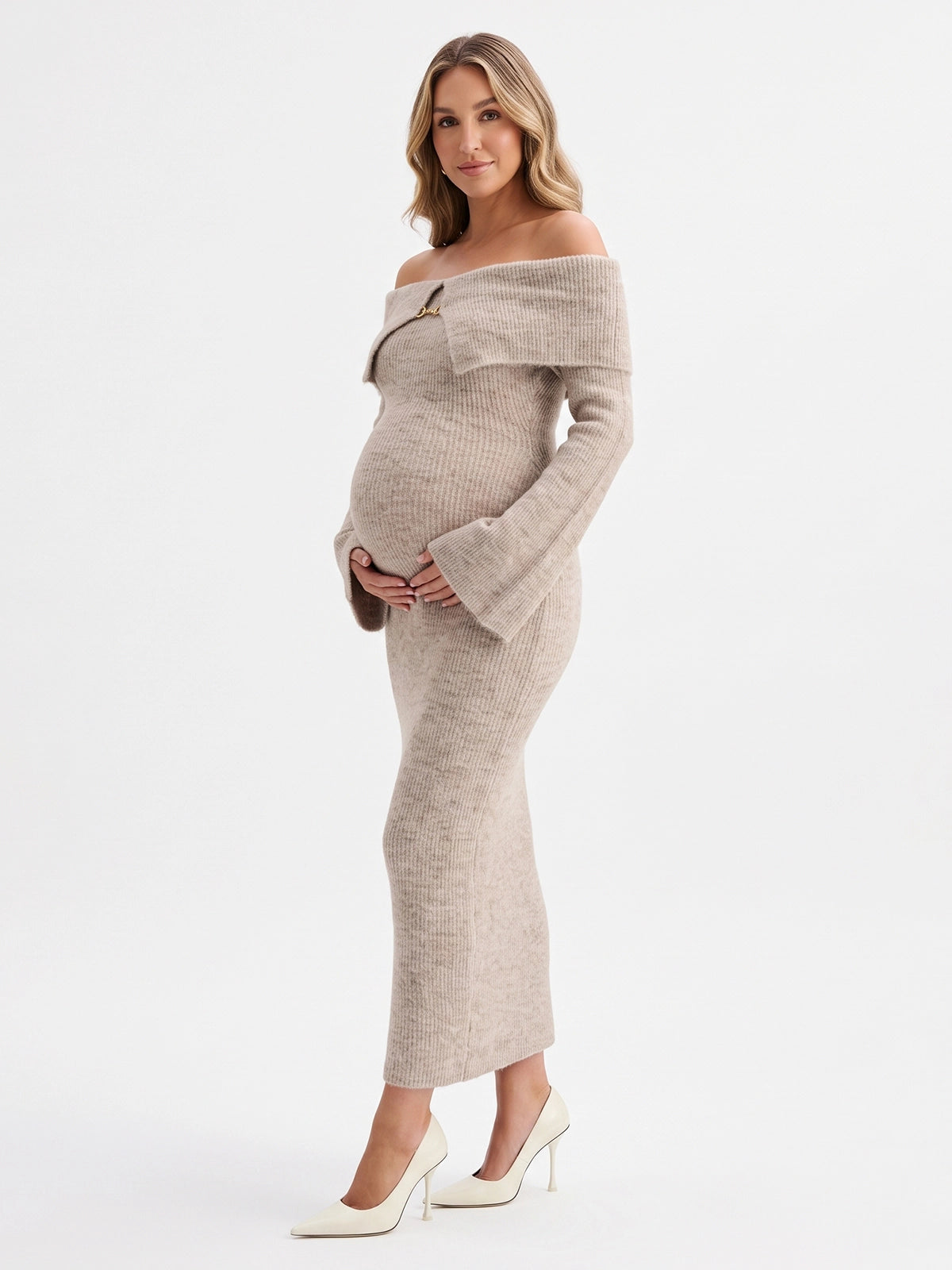 Oatmeal Off Shoulder Metallic Hardware Knit Maternity Midi Dress