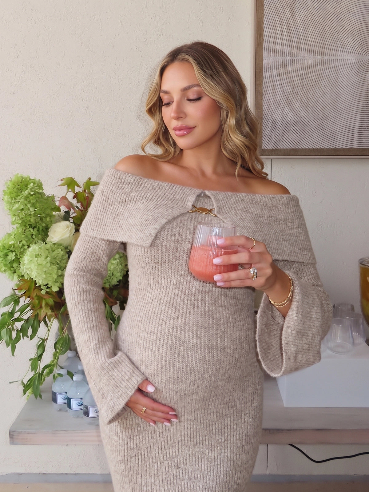 Oatmeal Off Shoulder Metallic Hardware Knit Maternity Midi Dress