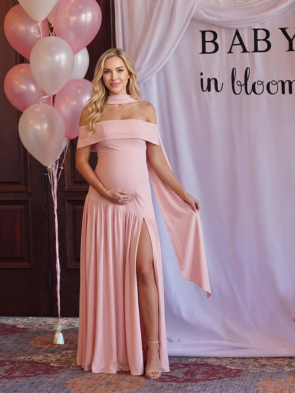 Off Shoulder Choker Neck Maternity Maxi Dress with High Slit