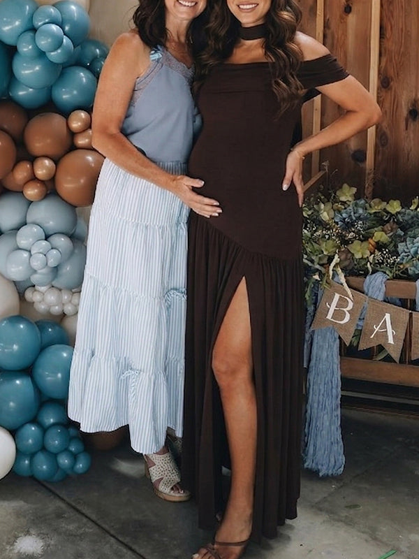 Off Shoulder Choker Neck Maternity Maxi Dress with High Slit