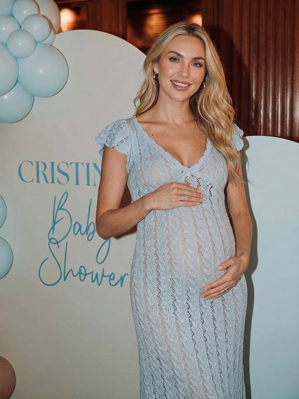  Boho Pastel Blue Crochet Maternity Maxi Dress for Babyshower 