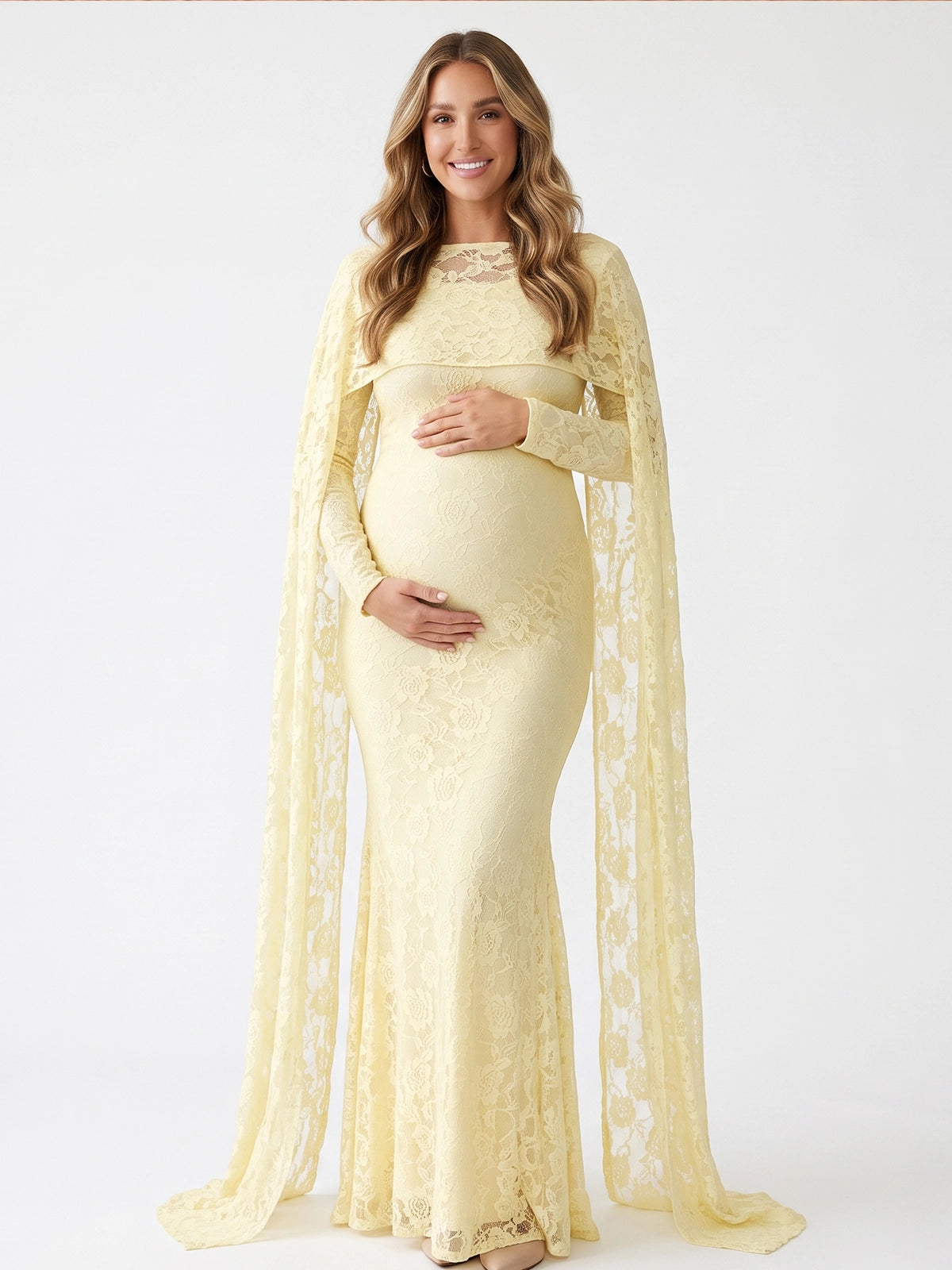 Pastel Butter Yellow Floral Lace Maternity Maxi Dress with Cape