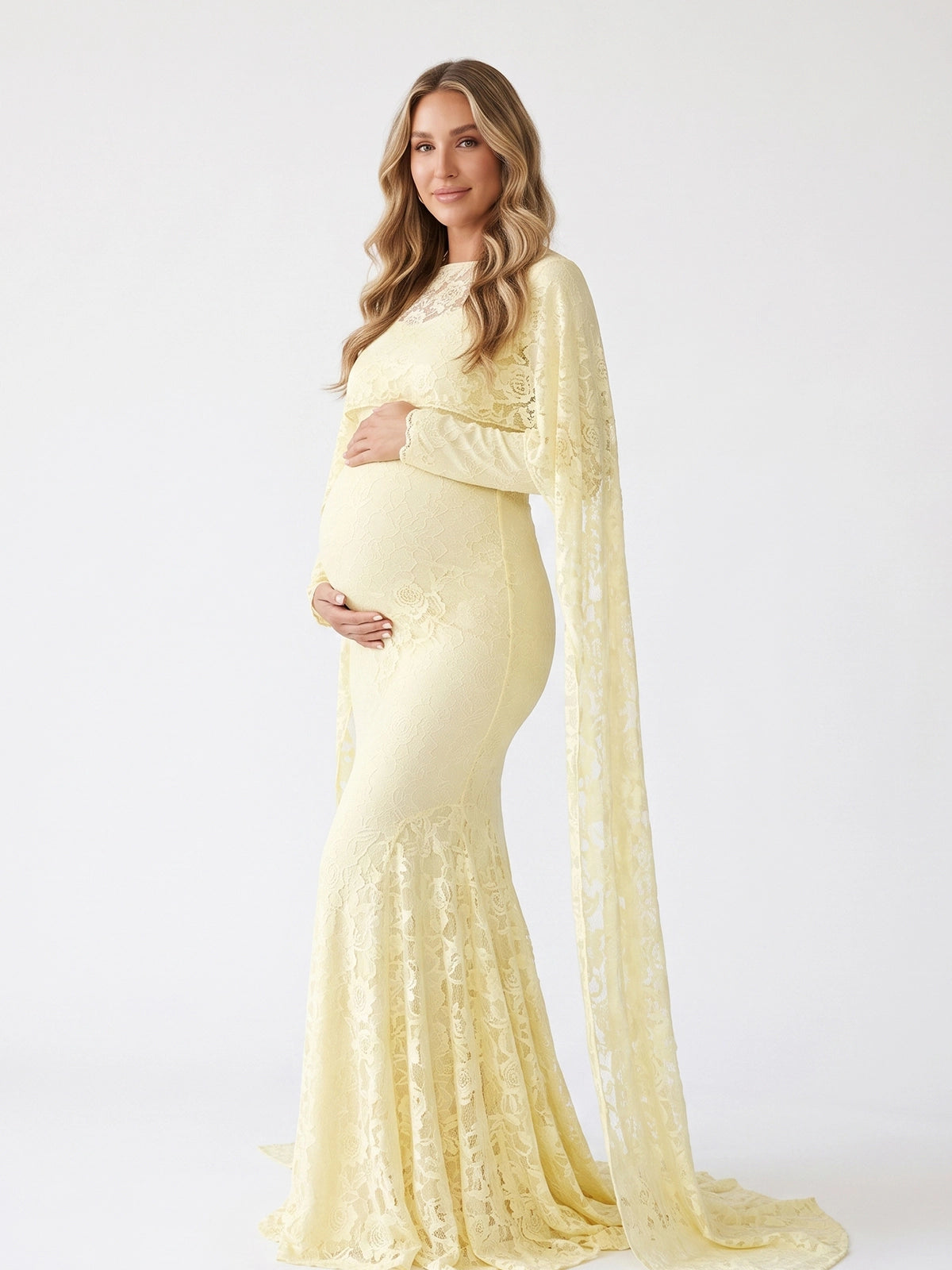 Pastel Butter Yellow Floral Lace Maternity Maxi Dress with Cape