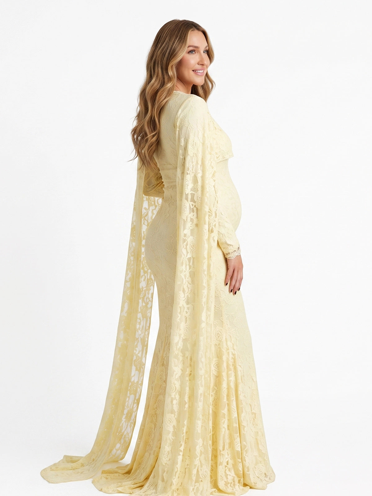 Pastel Butter Yellow Floral Lace Maternity Maxi Dress with Cape