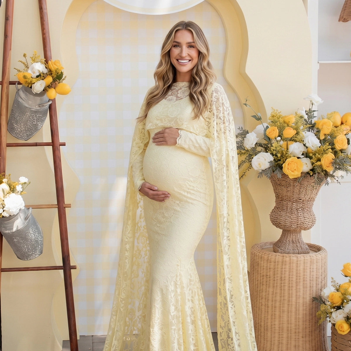 Pastel Butter Yellow Floral Lace Maternity Maxi Dress with Cape