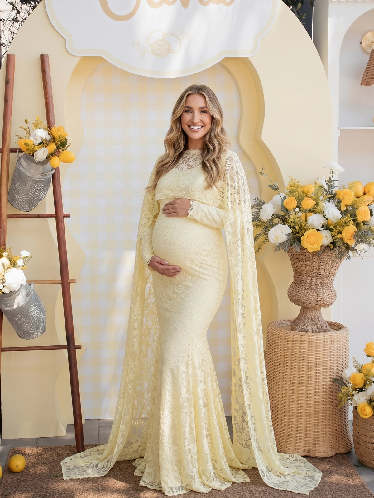 Pastel Butter Yellow Floral Lace Maternity Maxi Dress with Cape
