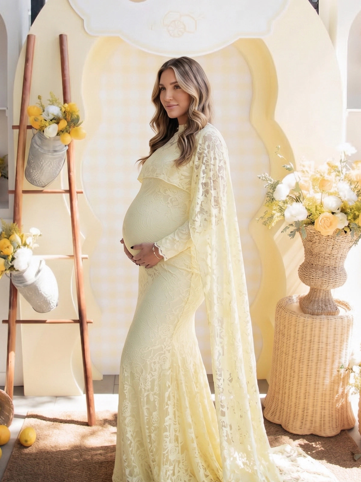 Pastel Butter Yellow Floral Lace Maternity Maxi Dress with Cape
