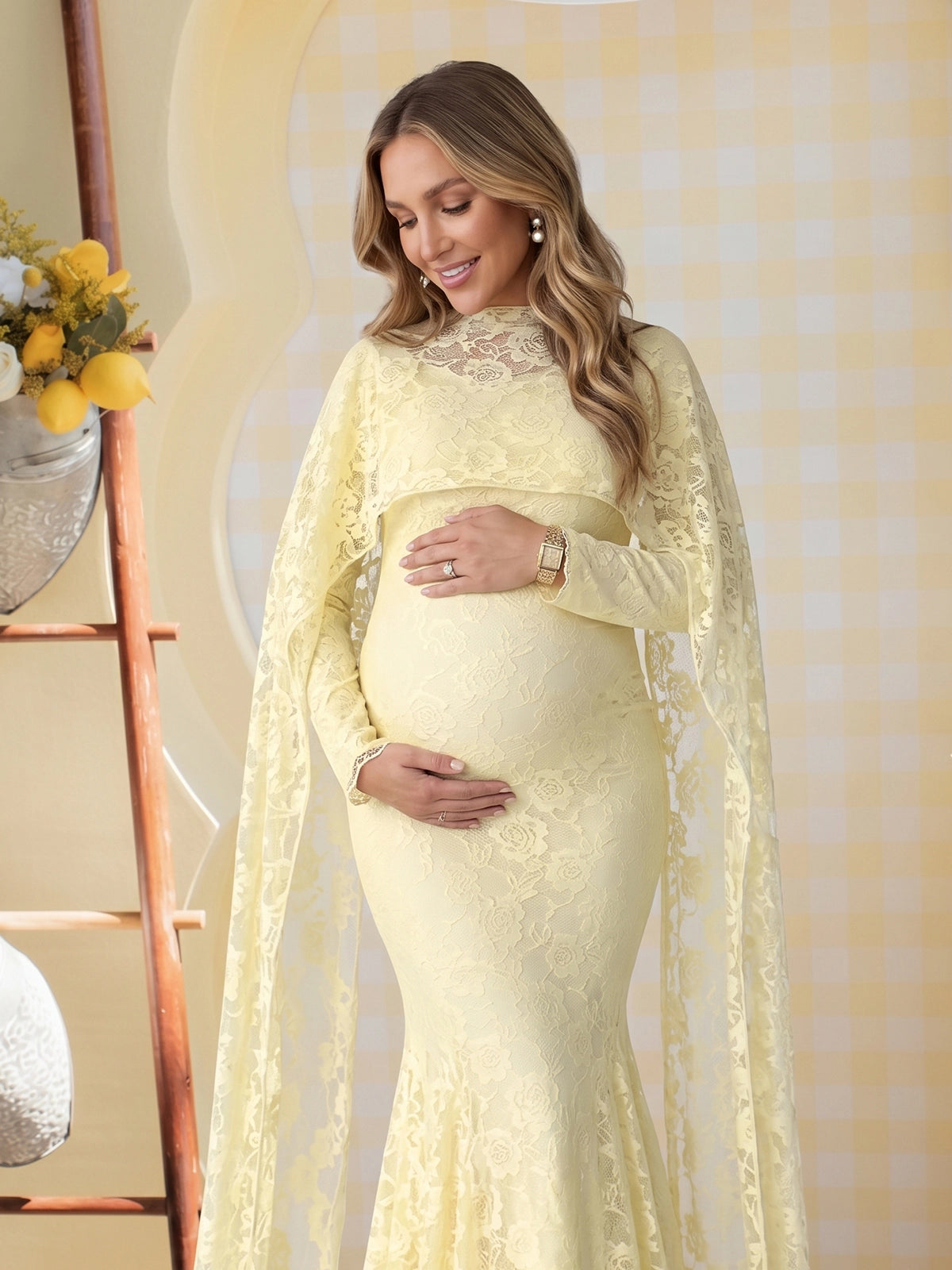 Pastel Butter Yellow Floral Lace Maternity Maxi Dress with Cape