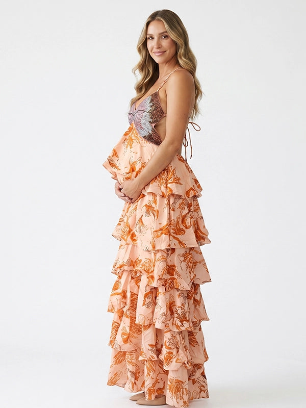 Peach Floral Butterfly Sequin Tiered Ruffle Maternity Maxi Dress