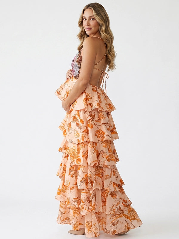 Peach Floral Butterfly Sequin Tiered Ruffle Maternity Maxi Dress
