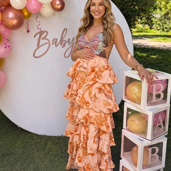 Peach Floral Butterfly Sequin Tiered Ruffle Maternity Maxi Dress