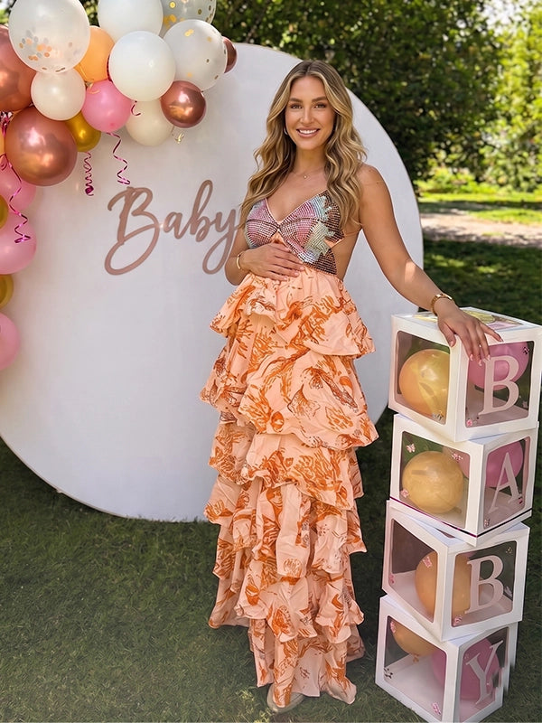 Peach Floral Butterfly Sequin Tiered Ruffle Maternity Maxi Dress