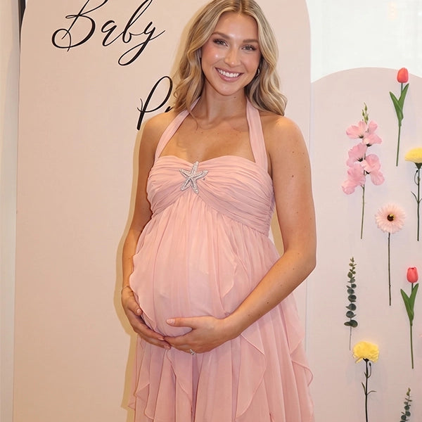 Peach Off Shoulder Ruffled Backless Maternity Mini Dress