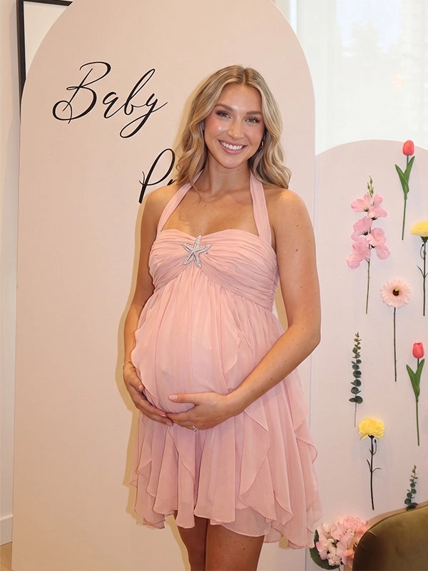 Peach Off Shoulder Ruffled Backless Maternity Mini Dress