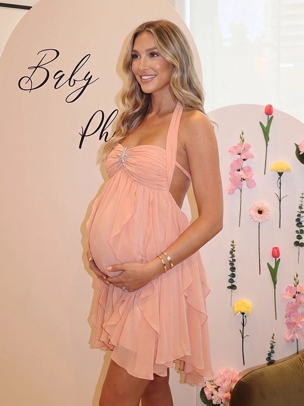Peach Off Shoulder Ruffled Backless Maternity Mini Dress