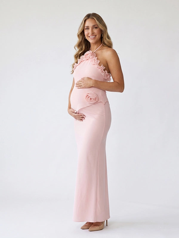 Peach Pink 3D Rosette Halter Maternity Maxi Dress