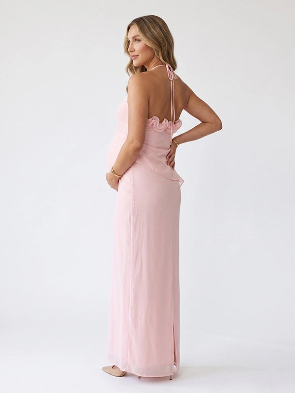 Peach Pink 3D Rosette Halter Maternity Maxi Dress