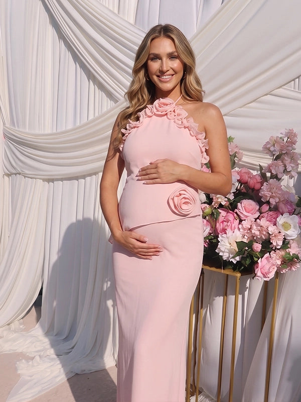 Peach Pink 3D Rosette Halter Maternity Maxi Dress