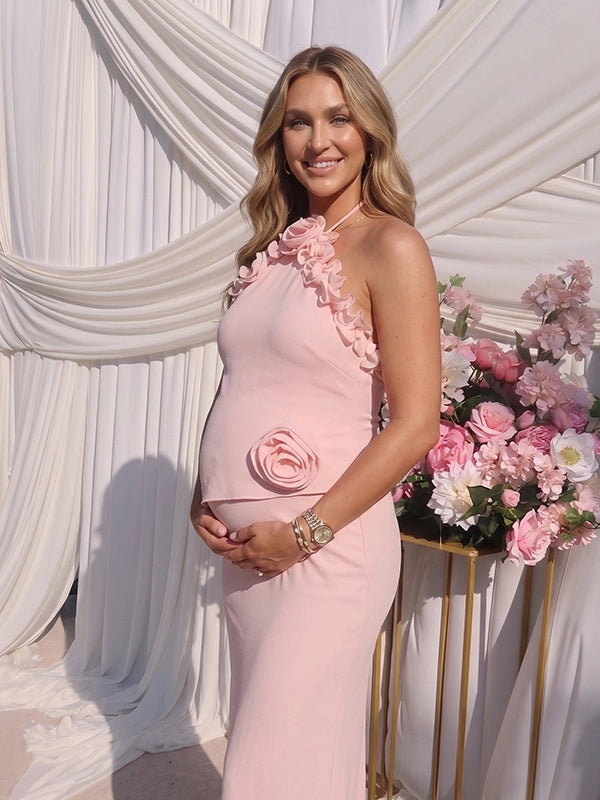 Peach Pink 3D Rosette Halter Maternity Maxi Dress