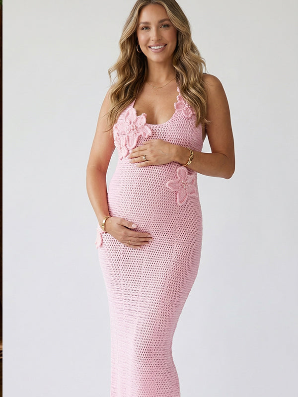 Pink 3D Floral Crochet Halter Maternity Maxi Dress