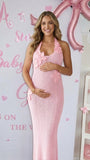 Pink 3D Floral Crochet Halter Maternity Maxi Dress