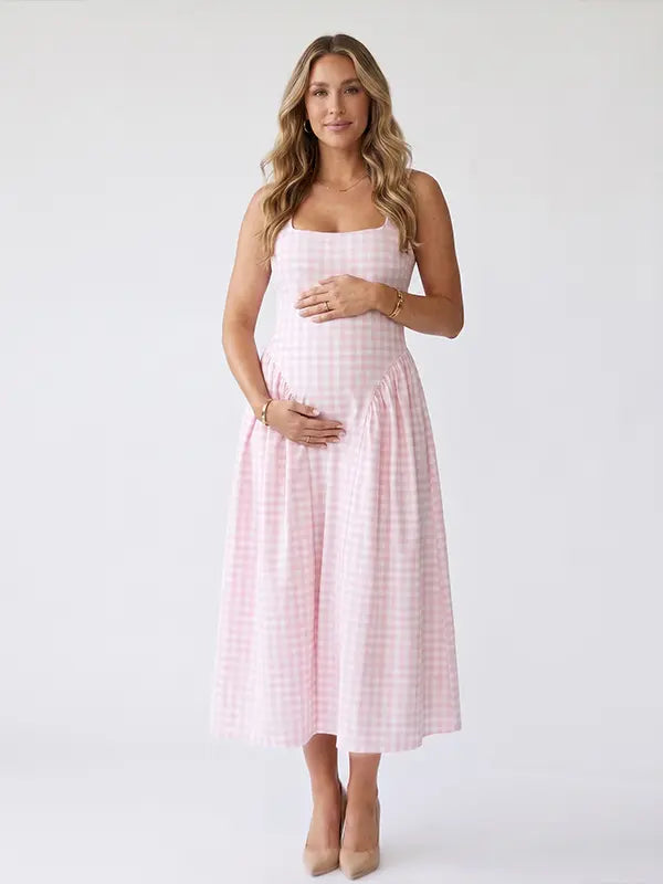 Pink Gingham Maternity Maxi Dress – Spaghetti Strap Princess Dress with Adjustable Straps, Flowy Waist Baby Shower Outfit

