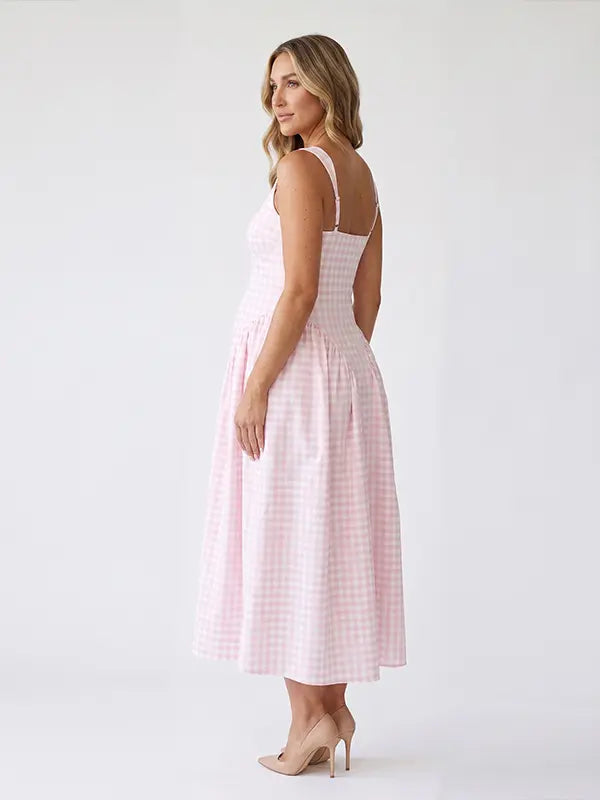 Pink Gingham Maternity Maxi Dress – Spaghetti Strap Princess Dress with Adjustable Straps, Flowy Waist Baby Shower Outfit