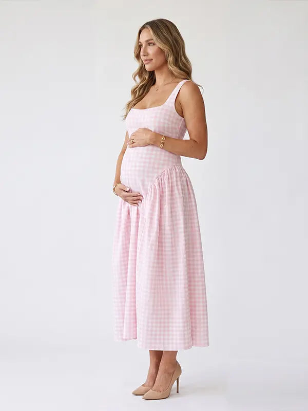 Pink Gingham Maternity Maxi Dress – Spaghetti Strap Princess Dress with Adjustable Straps, Flowy Waist Baby Shower Outfit